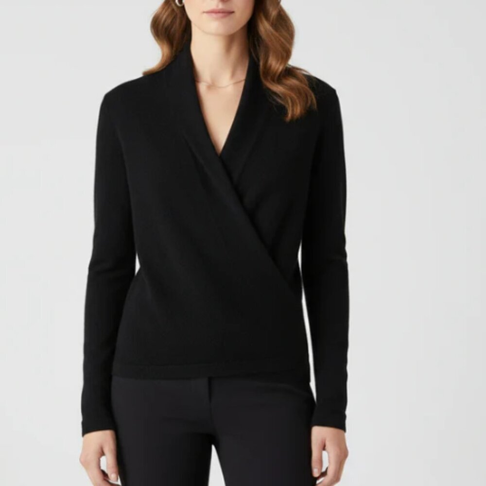 Nordstrom Signature Black Cashmere Faux Wrap Sweater Large